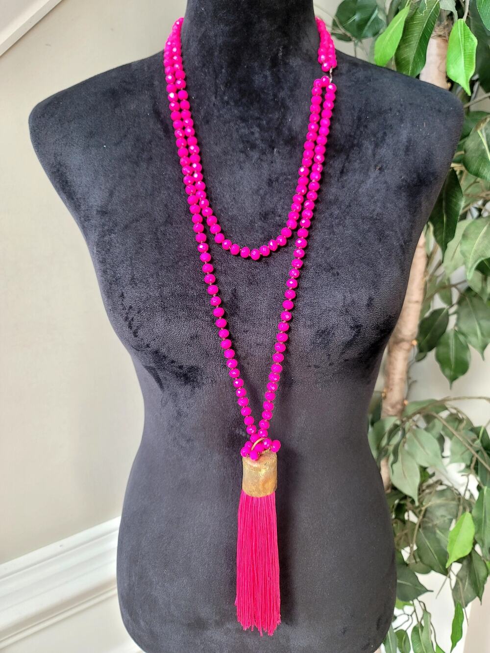 Hot Pink Beaded Long Tassel Necklace Boho Statement Jewelry
